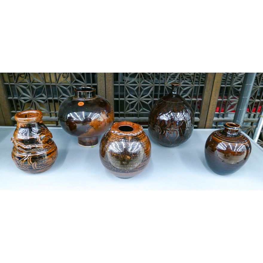 5pc Ed Brannan Tenmoku Glazed Pottery Vessels 6'' to 9''