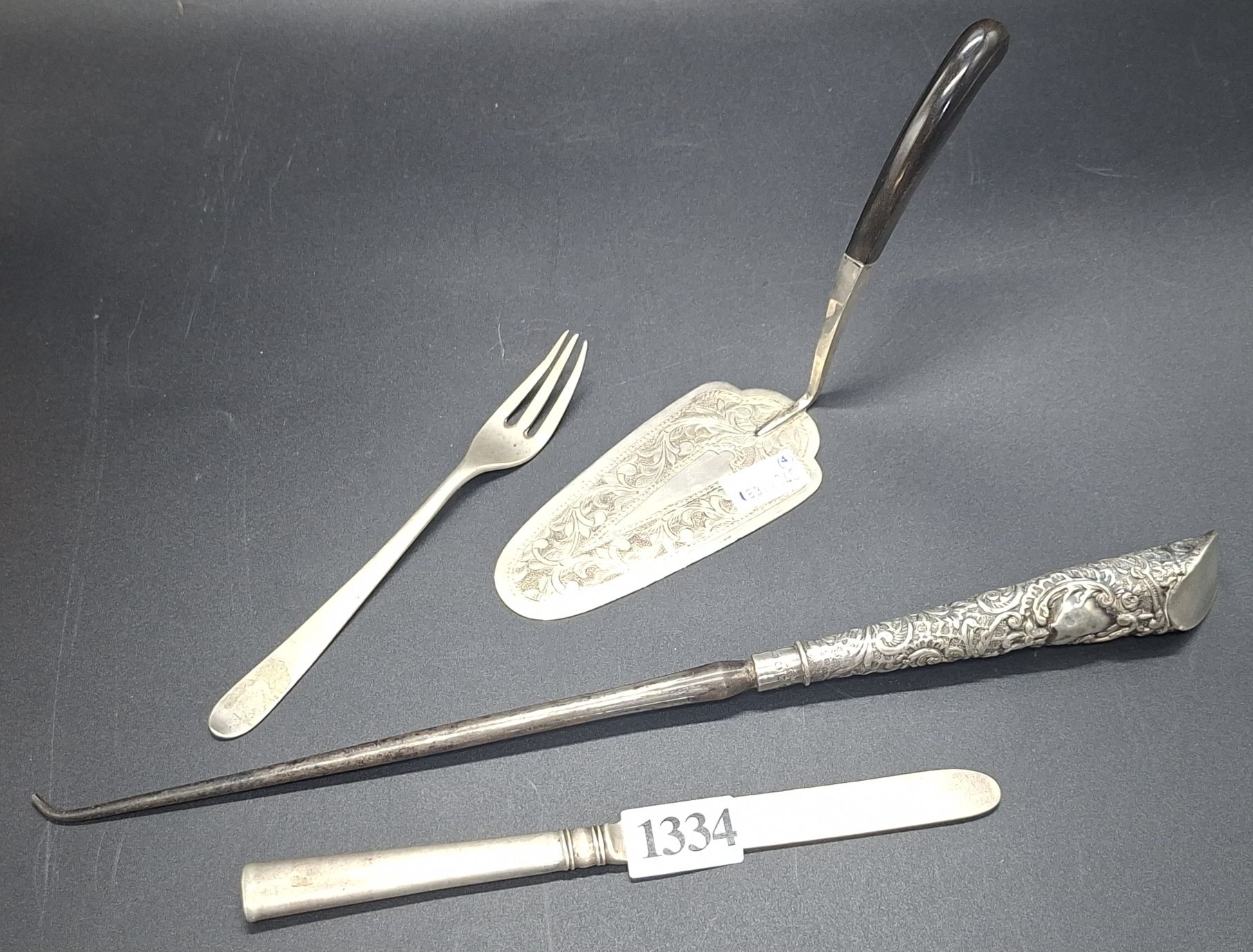 Silver Knife, Fork, Button Hook And Slice