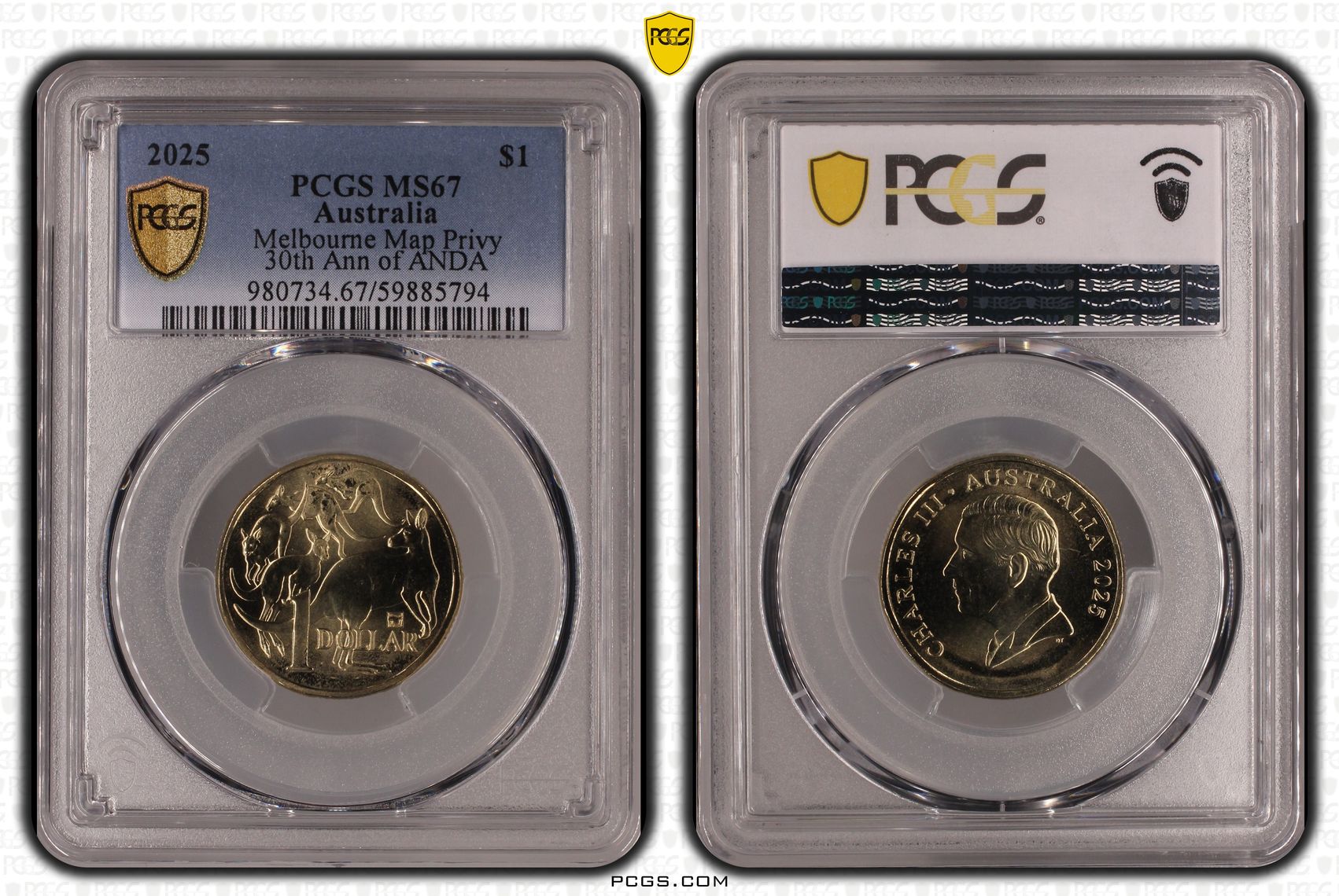 Melbourne Map Privy 30th Ann of ANDA, One Dollar, 2025, PCGS MS67