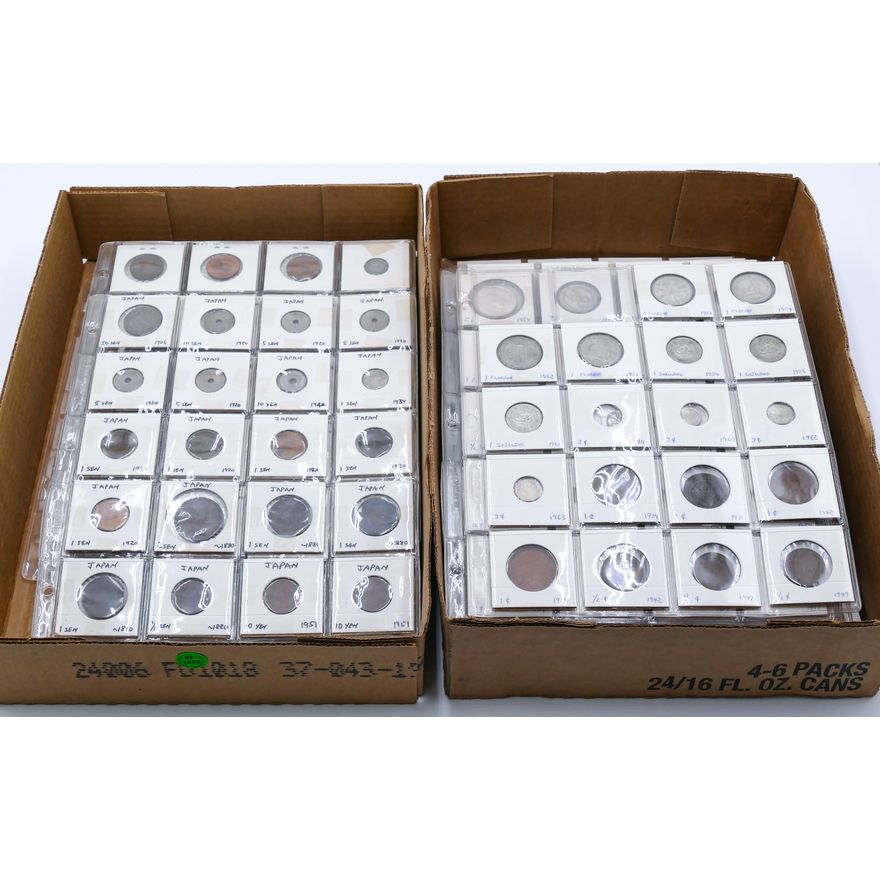 2 Boxes Collection of Old World Coins in Flips