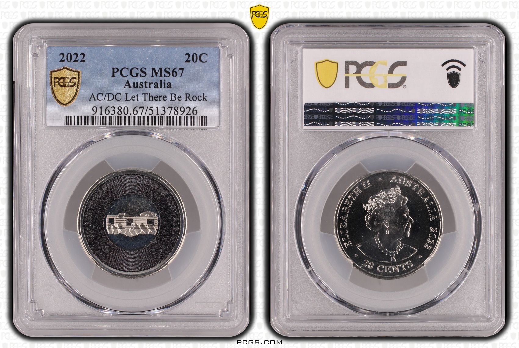 AC/DC Let There Be Rock, Twenty Cent, 2022, PCGS MS67