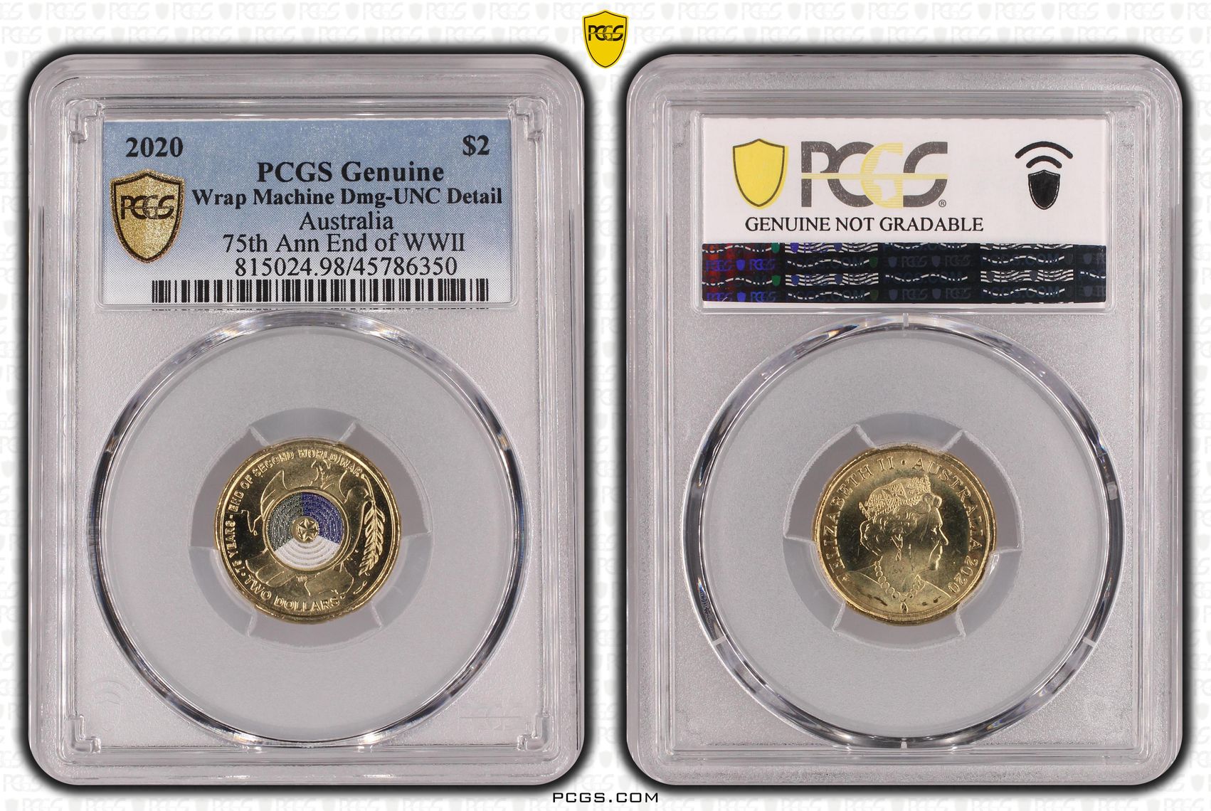 Elizabeth II, 75th Ann End of WWII, Two Dollar, 2020, PCGS Genuine - UNC Details (98 - Damage)