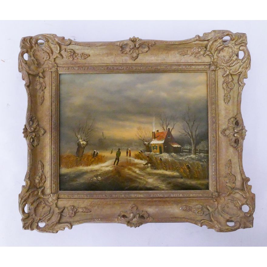N. Ginkel Dutch Ice-skating in Landscape Oil on Panel in Ornate Frame- 12x14''