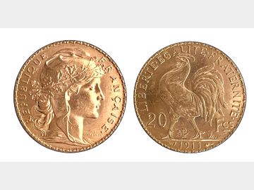 1911 FRENCH MARIANNE 20 FRANC GOLD ROOSTER