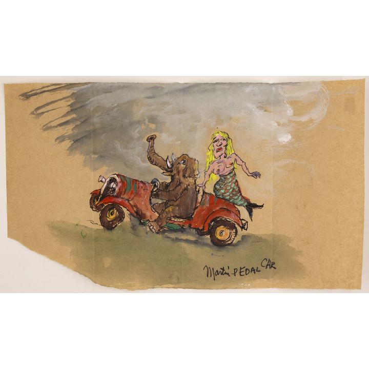 James Martin ''Pedal Car'' Tempera on Paper Bag 9''x15''