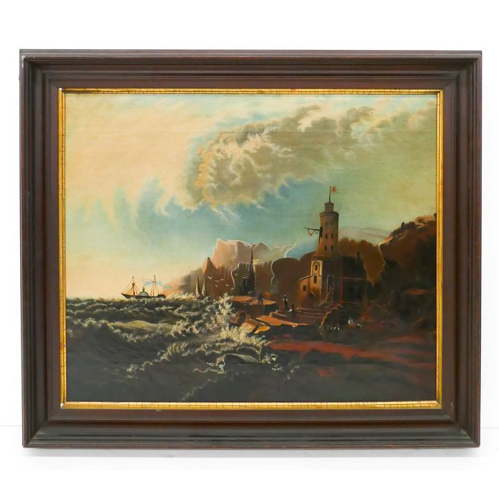Antique American Naive Coastal Scene with Lighthouse Oil on Canvas. Unsigned. Framed- 25x29.5''