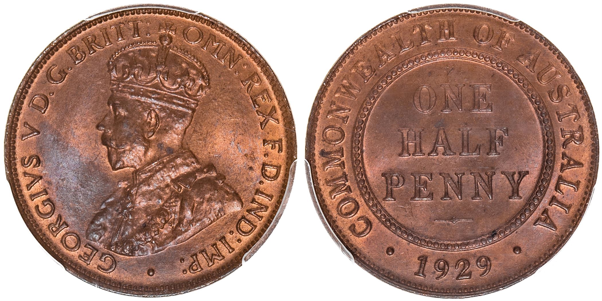 George V, Halfpenny, 1929, PCGS MS 65RB