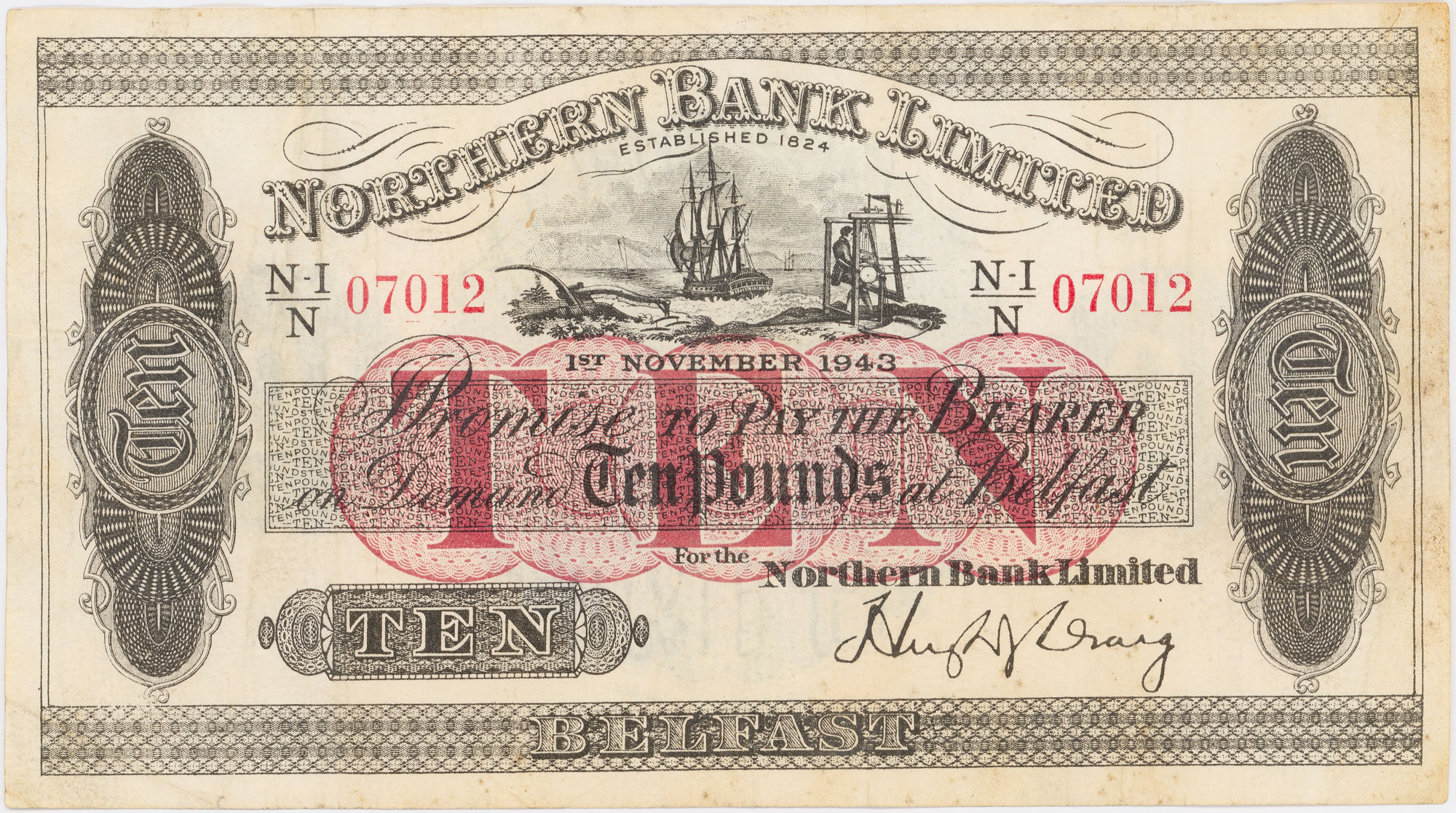 Northern Ireland, Northern Bank Ltd, Ten Pounds, 1943, VF