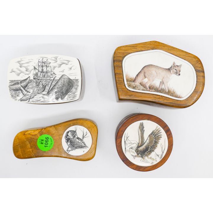 Box 4pc Scrimshawed Panel Wood Boxes 2.5'' to 4''