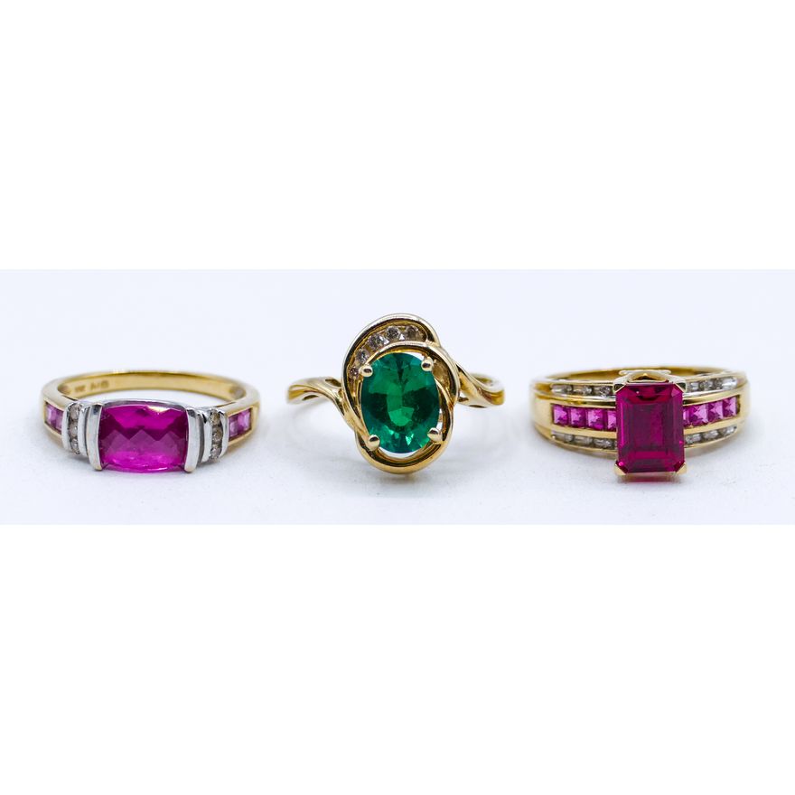 Box 3pc Ladies 10k Colored Stone Rings Size 7-8 - 10 Grams TW