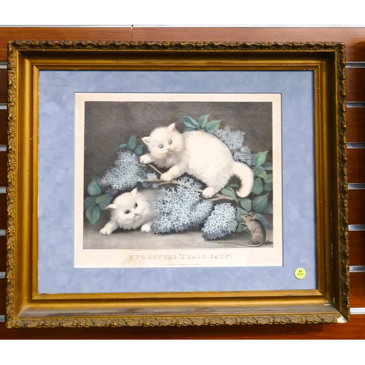 Antique Currier & Ives 'Two Little Fraid Cats' Lithograph Framed- 19x23''