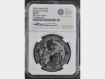 2024 BRITANNIA & LIBERTY SILVER 2 POUND (83RD COIN STRUCK AND SIGNED BY DAN THOMAS) MS69