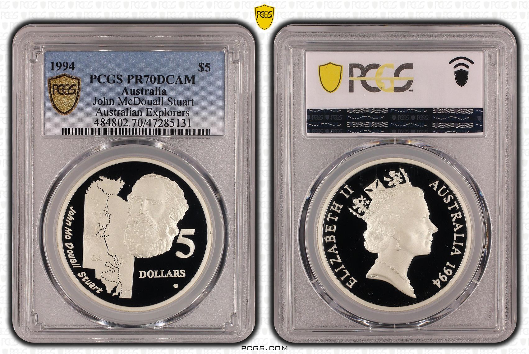 Elizabeth II, John McDouall Stuart - Australian Explorers, Pop 13/0, Five Dollar, 1994, PCGS PR70DCAM