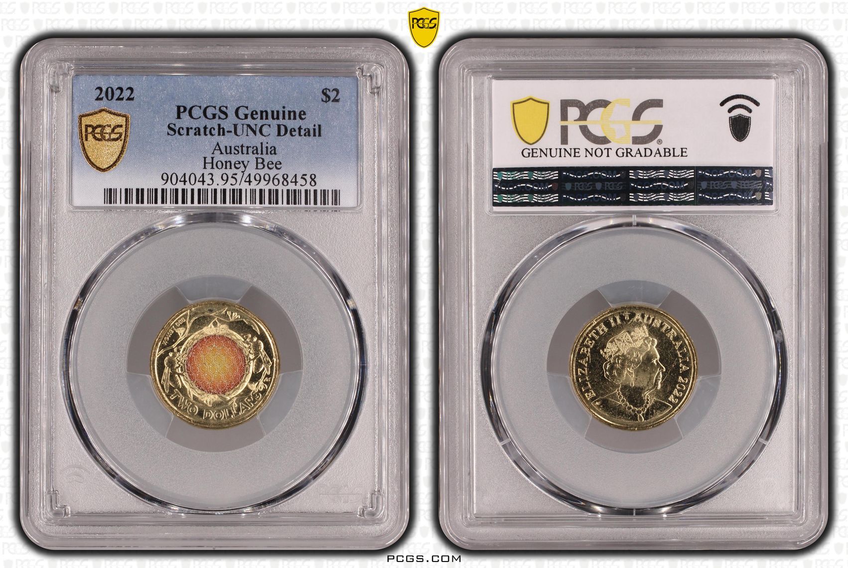 Honey Bee Colourised, Two Dollar, 2022, PCGS Genuine - UNC Details (95 - Scratch)