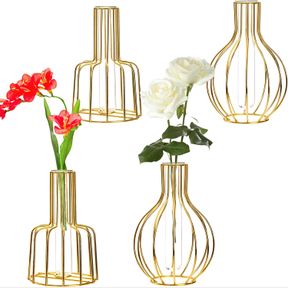 DICUNOY 4 PACK GOLD FLOWER VASES, GLASS TEST TUBE VASE WITH METAL FRAME STAND, SMALL BUD VASE FOR PAMPAS, WEDDING, TABLE CENTERPIE