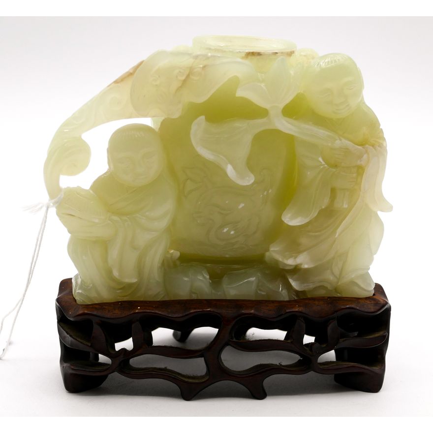 Old Chinese Carved Jade He He Twins Vase on Stand 5.5''