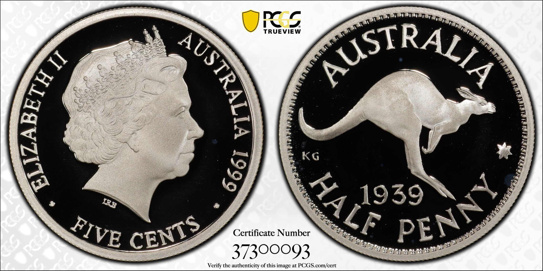 1999 Australia Five Cent, 5c 1939 1/2d Ag PCGS - PR69DCAM -093