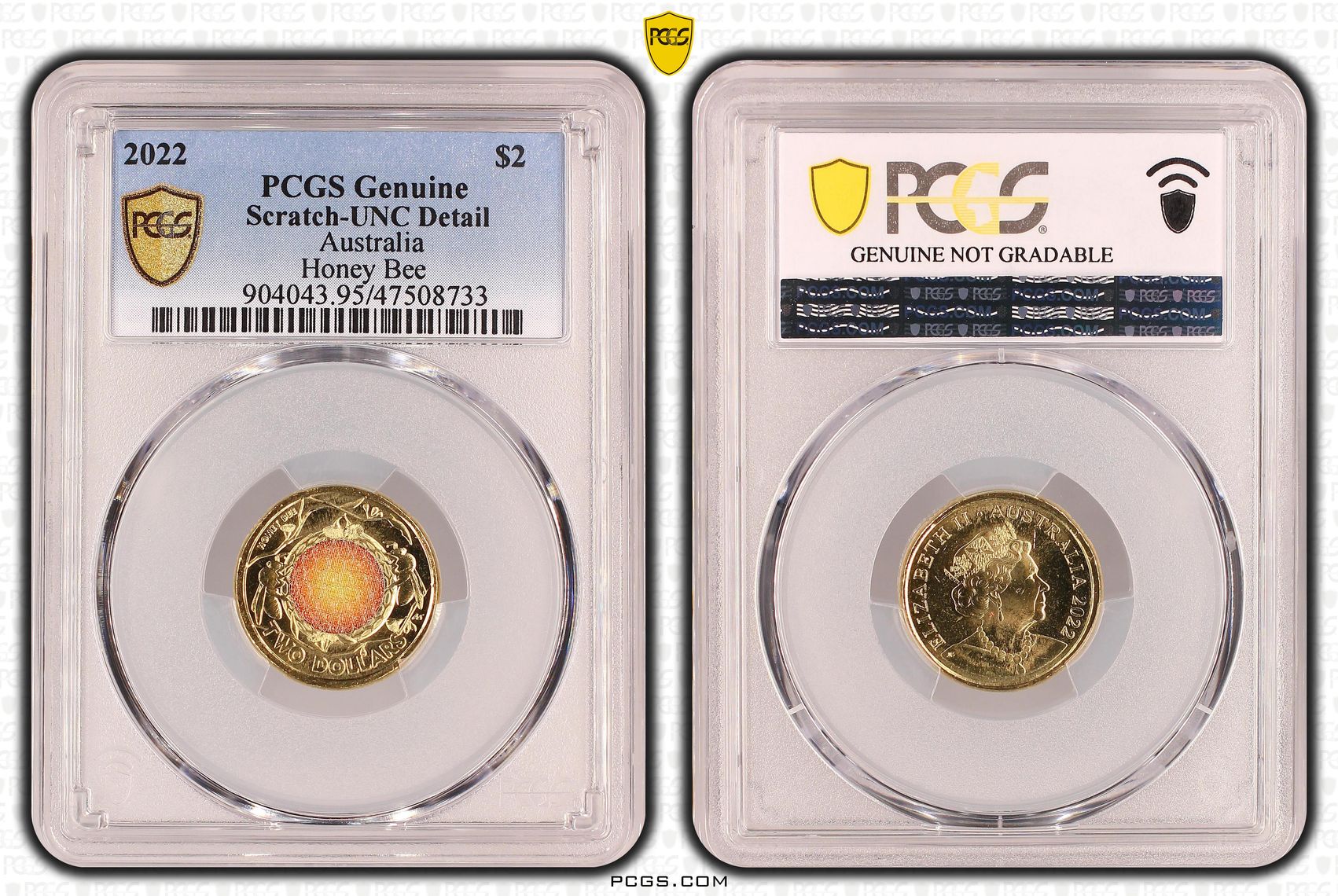 Honey Bee Colourised, Two Dollar, 2022, PCGS Genuine - UNC Details (95 - Scratch)