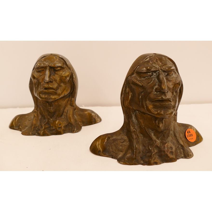 Pair Antique Cast Iron Indian Head Bookends- 5x7''