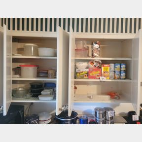 2 Cabinets of plastic storage containers and tea bags
