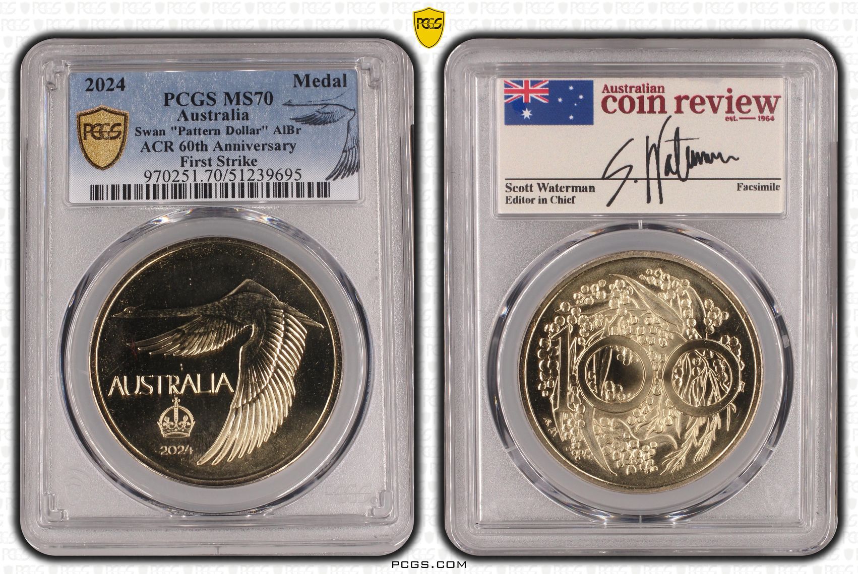 Swan "Pattern Dollar" AlBr ACR 60th Anniversary First Strike, POP 12/0, Medal, 2024, PCGS MS70