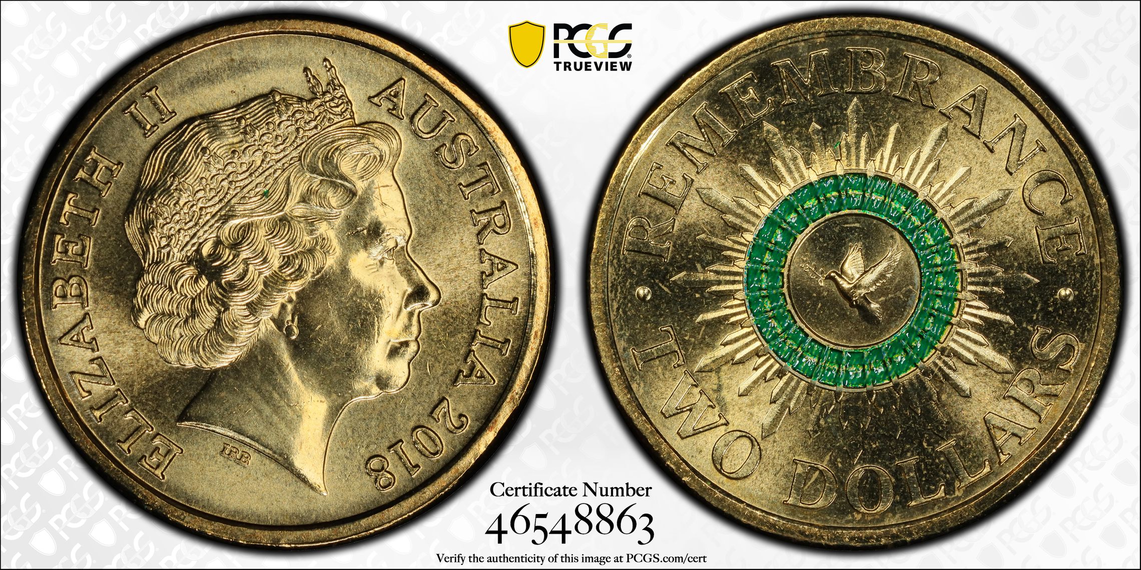 Remembrance Dove Colorized 30th Ann. $2 Coin , Two Dollar, 2018, PCGS MS66