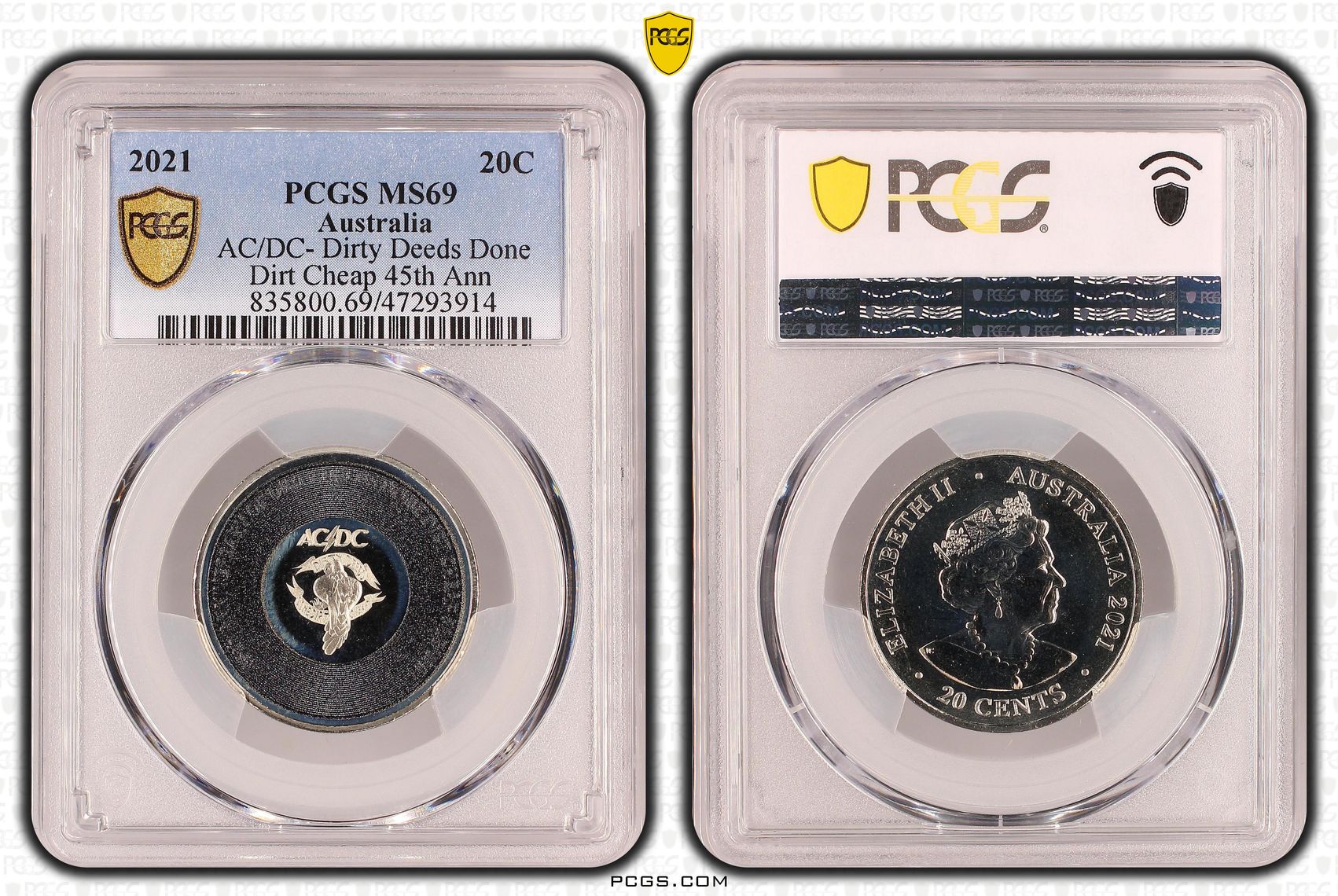 Elizabeth II, AC/DC- Dirty Deeds Done Dirt Cheap 45th Anniversary, Twenty Cent, 2021, PCGS MS69