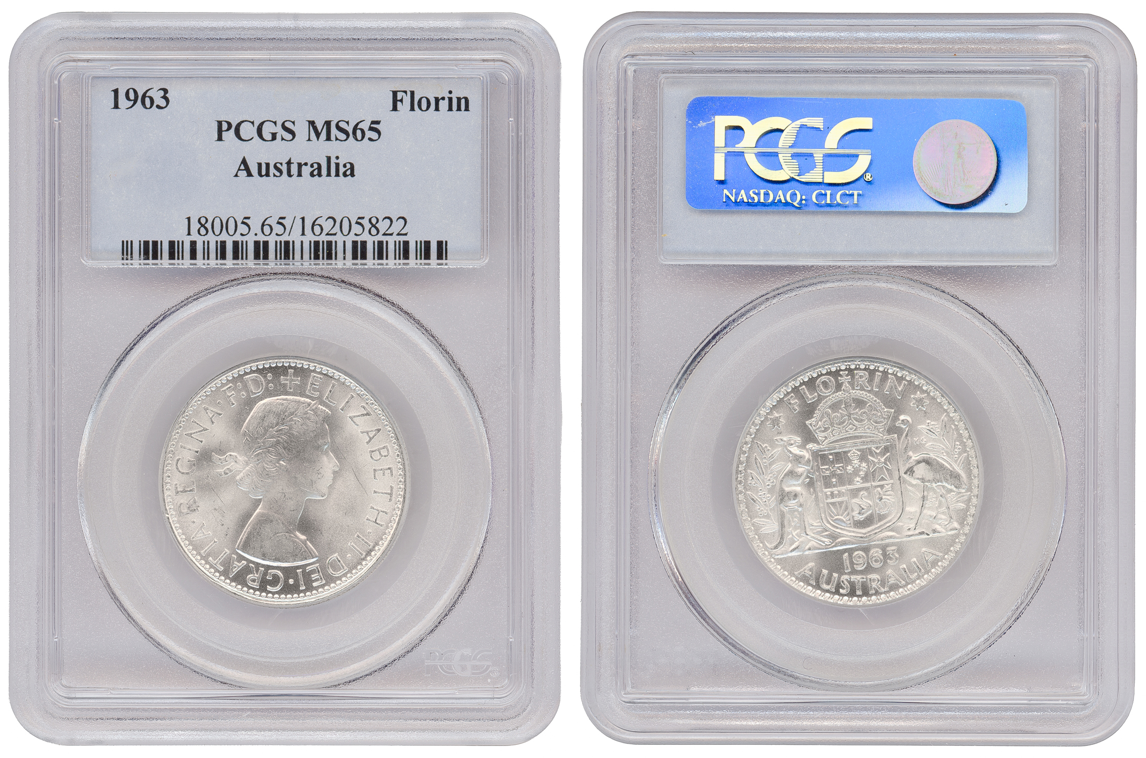 Elizabeth II, KM-60 Silver, Florin, 1963(m), PCGS MS65