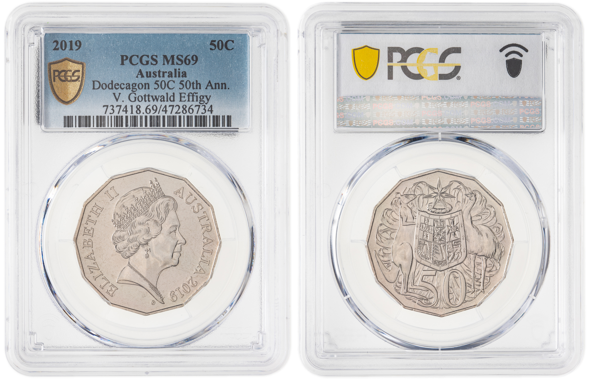 Elizabeth II, Dodecagon 50C 50th Ann. V. Gottwald Effigy, Fifty Cent, 2019, PCGS MS69
