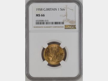 1958 ELIZABETH II PRE-DECIMAL GOLD SOVEREIGN MS66