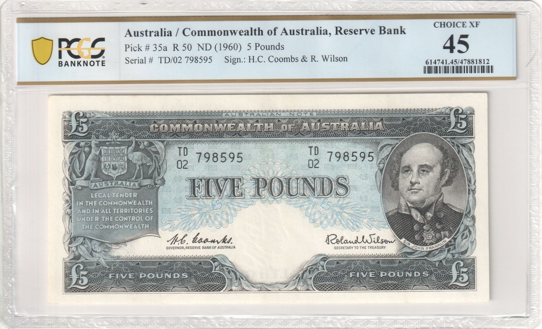 Coombs/Wilson, Five Pound, 1960, PCGS Choice XF 45