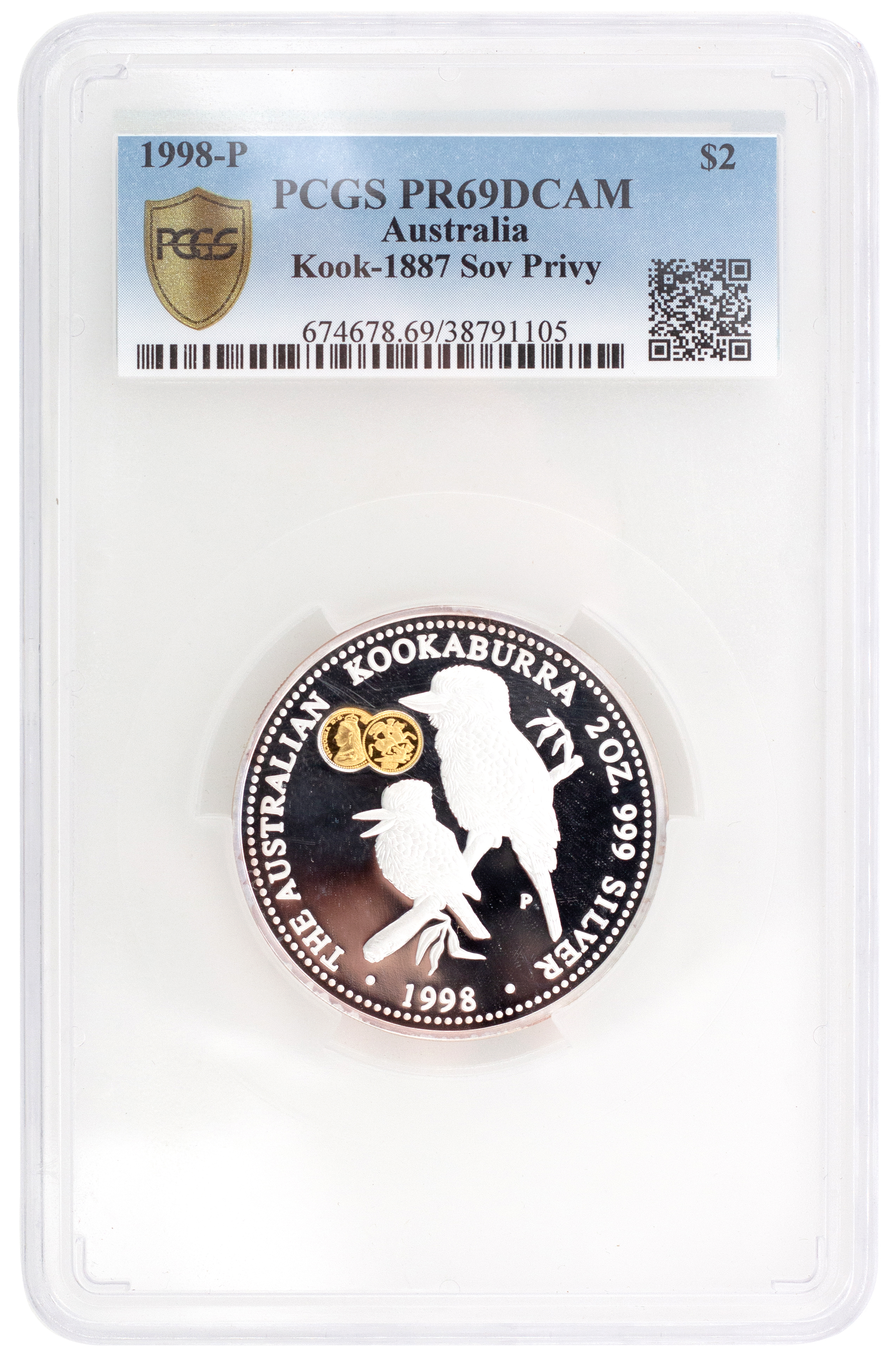 Elizabeth II, 2oz Kookaburra, Two Dollars, 1998-P, PCGS PR 69DCAM