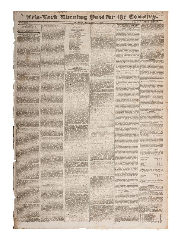 [INDIAN REMOVAL ACT]. New York Evening Post. Number 3007. New York: Michael Burnham &amp; Co., 2 November 1830.