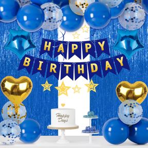 LOVESTOWN BIRTHDAY PARTY DECORATIONS - DARK BLUE GOLD CONFETTI BALLOONS HANGING SWIRLS FRINGE CURTAIN