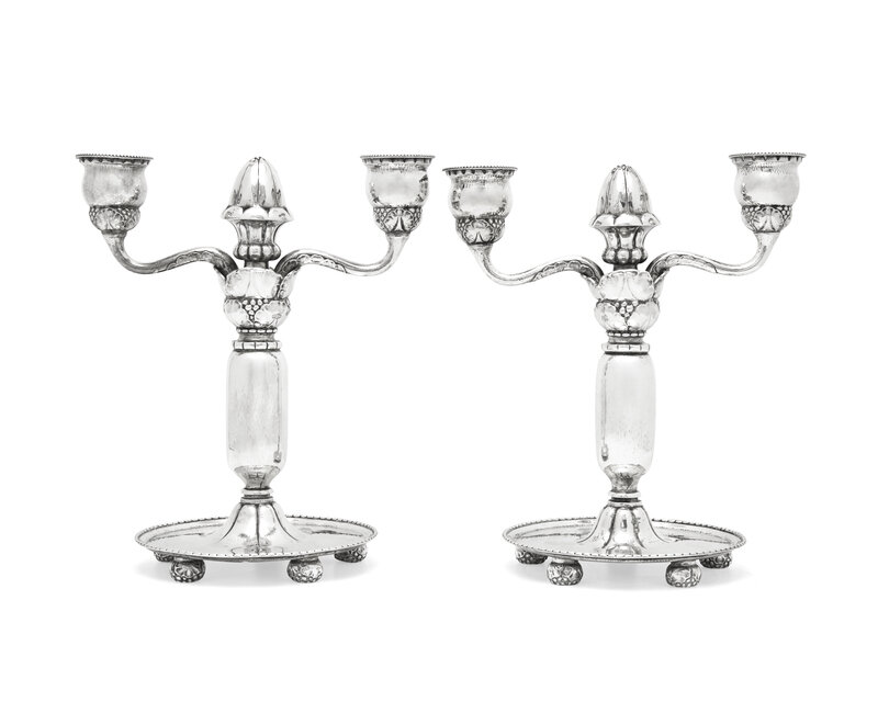 A Pair of Georg Jensen Silver Two-Light Candelabra