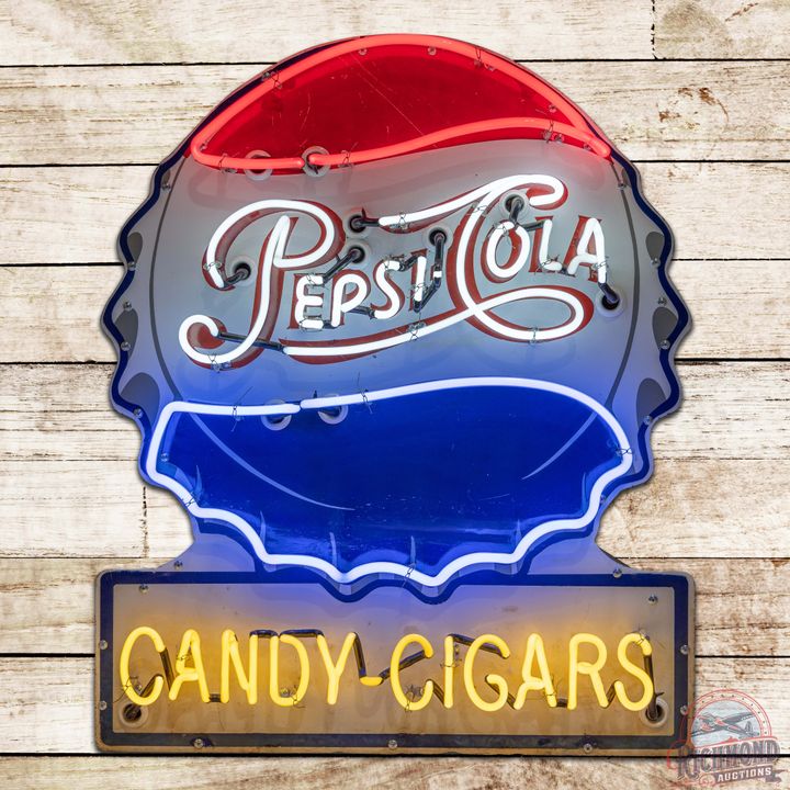 Pepsi Cola Die Cut Single Sided Porcelain Neon Sign w/ Bottlecap