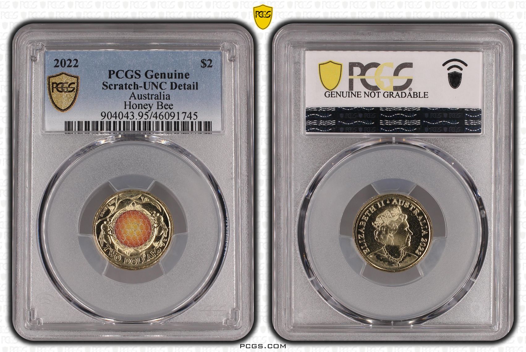 Honey Bee Colourised, Two Dollar, 2022, PCGS Genuine - UNC Details (95 - Scratch)