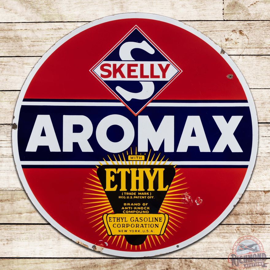 Skelly Aromax Ethyl Gasoline 30" Double Sided Porcelain Sign w/ Logo