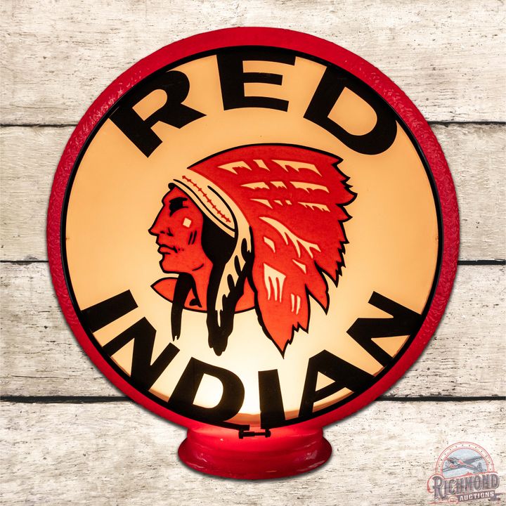 Red Indian Gasoline 13.5" Complete Red Ripple Gas Pump Globe