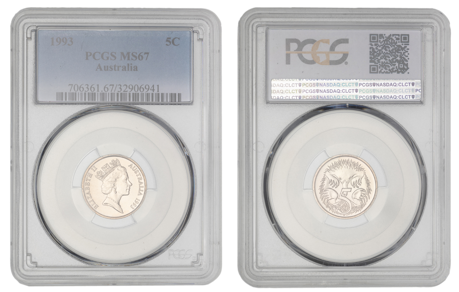 Elizabeth II, Small SD, Five Cent, 1993, PCGS MS67