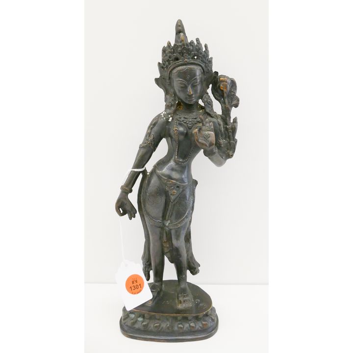Old Tibetan Bronze Standing Tara Deity Figure - 12''