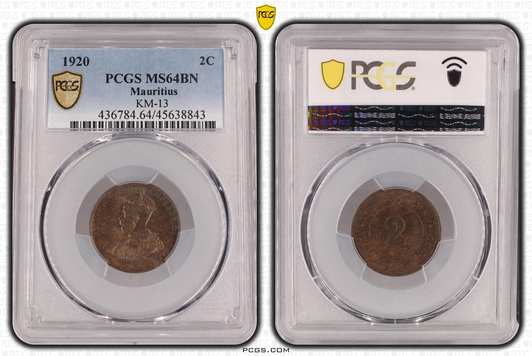 Mauritius, KM-13, POP 1/0, Two Cent, 1920, PCGS MS64BN