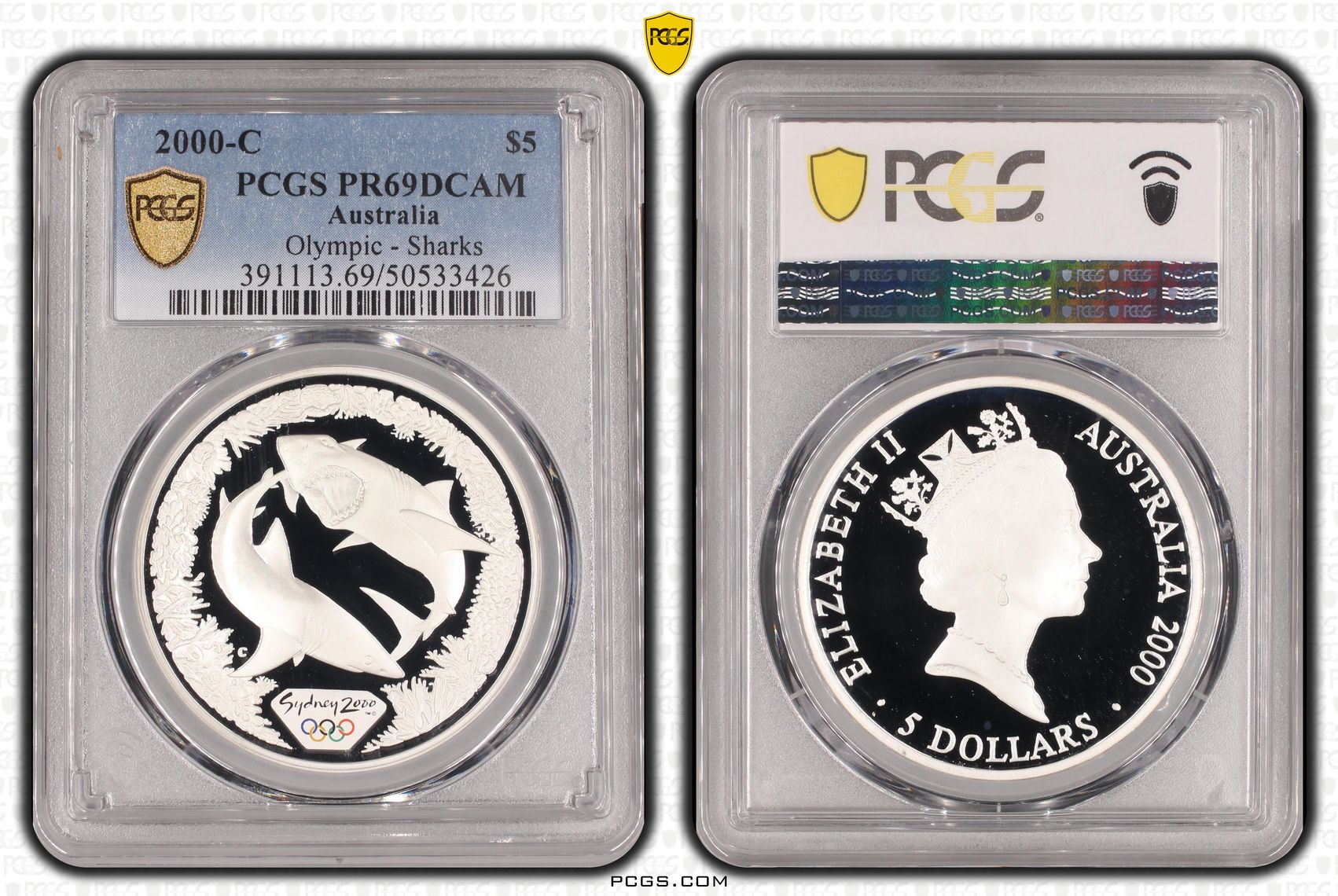 Sharks, Silver, Five Dollar, 2000-C, PCGS PR69DCAM