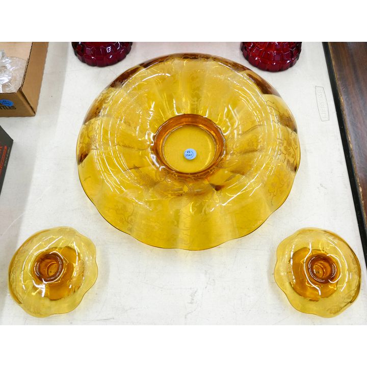 3pc Amber Etched Glass Candleholder & Centerpiece Bowl