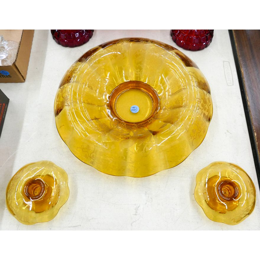 3pc Amber Etched Glass Candleholder & Centerpiece Bowl