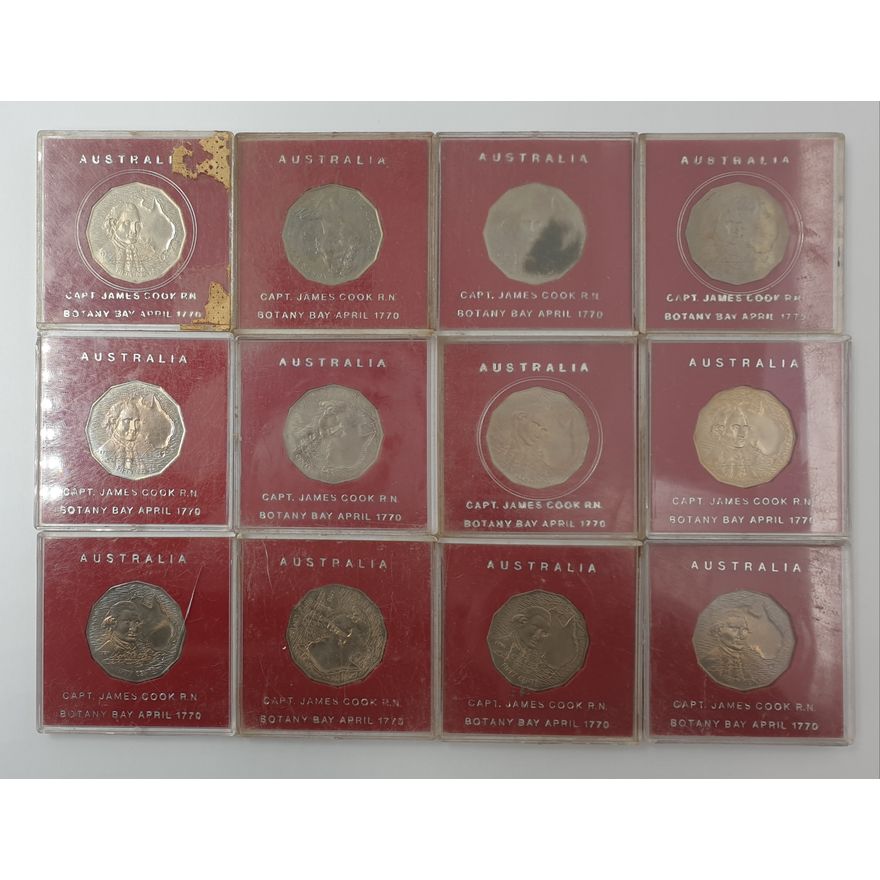 Capt. Cook Cased 50c Coins (x12)