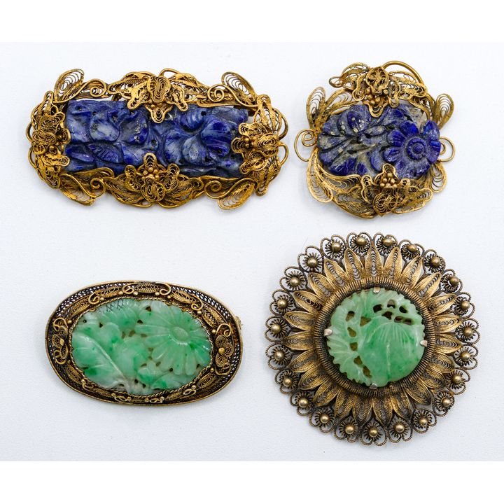 Box Old Chinese Vermeil Jade and Lapis Brooches