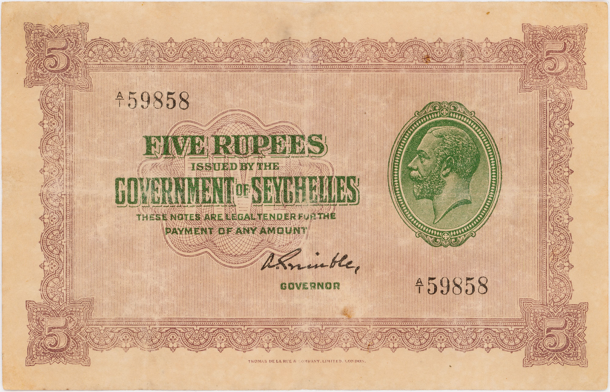 Seychelles, George V, Five Rupees, 1936, aFine