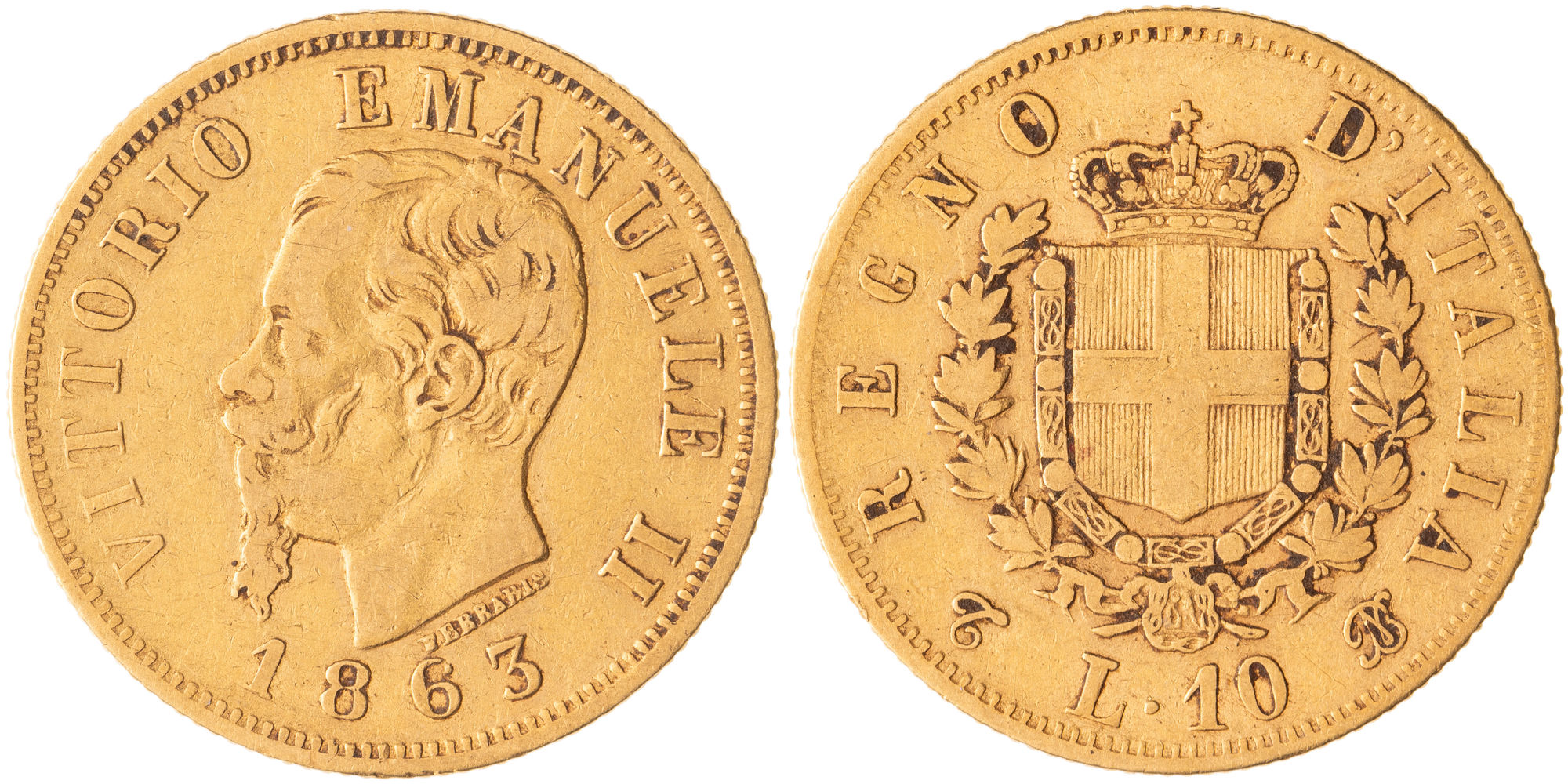Italy, Vittorio Emanuelle II, Ten Lire, 1863-T, Fine
