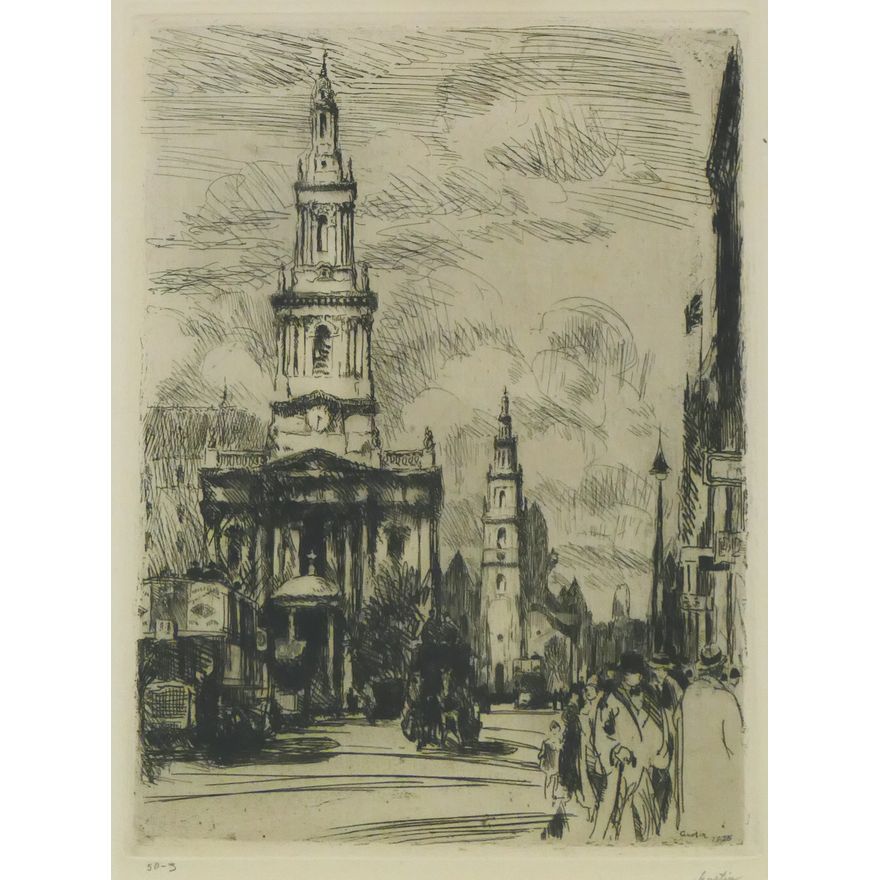 Paul Morgan Gustin 'Little Churches of the Strand, St. Mary's, St. Clement Lane' Etching, 1925.